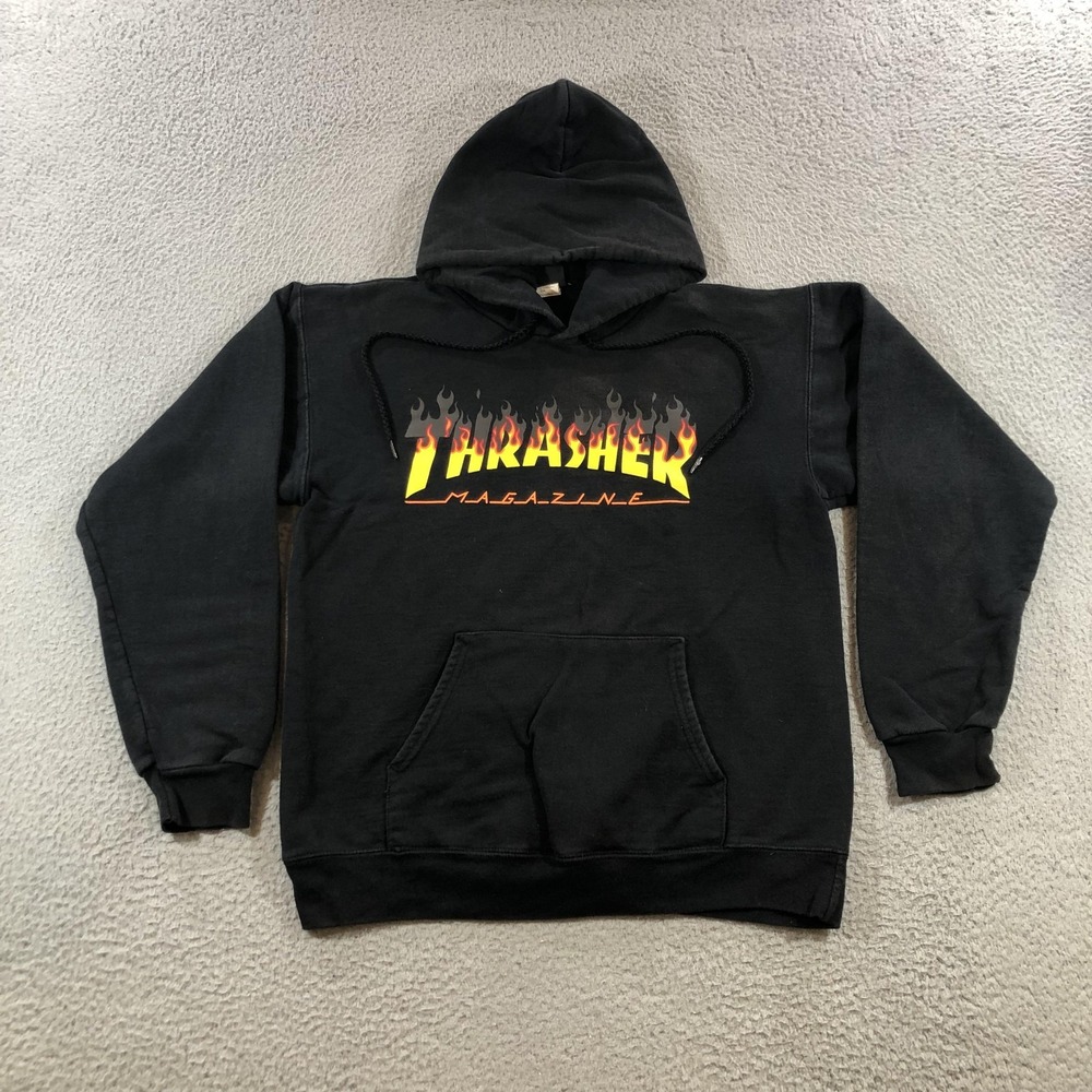 Thrasher Magazine Hoodie Mens Small Black Flame Logo Pullover Skateboarding